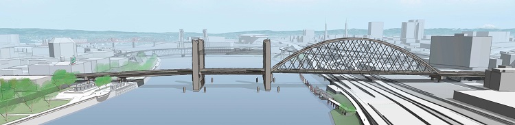 A proposal of refinements to the Burnside Bridge displays movable span options from East and West Portland with an aerial view of the city and the Willamette River. Multnomah County is considering options for bridge span types - for the west approach span, the middle movable span and the east approach span. Feedback showed great support for a bascule movable span in the middle and about equal support for the Tied Arch and Cable Supported options on the east.   